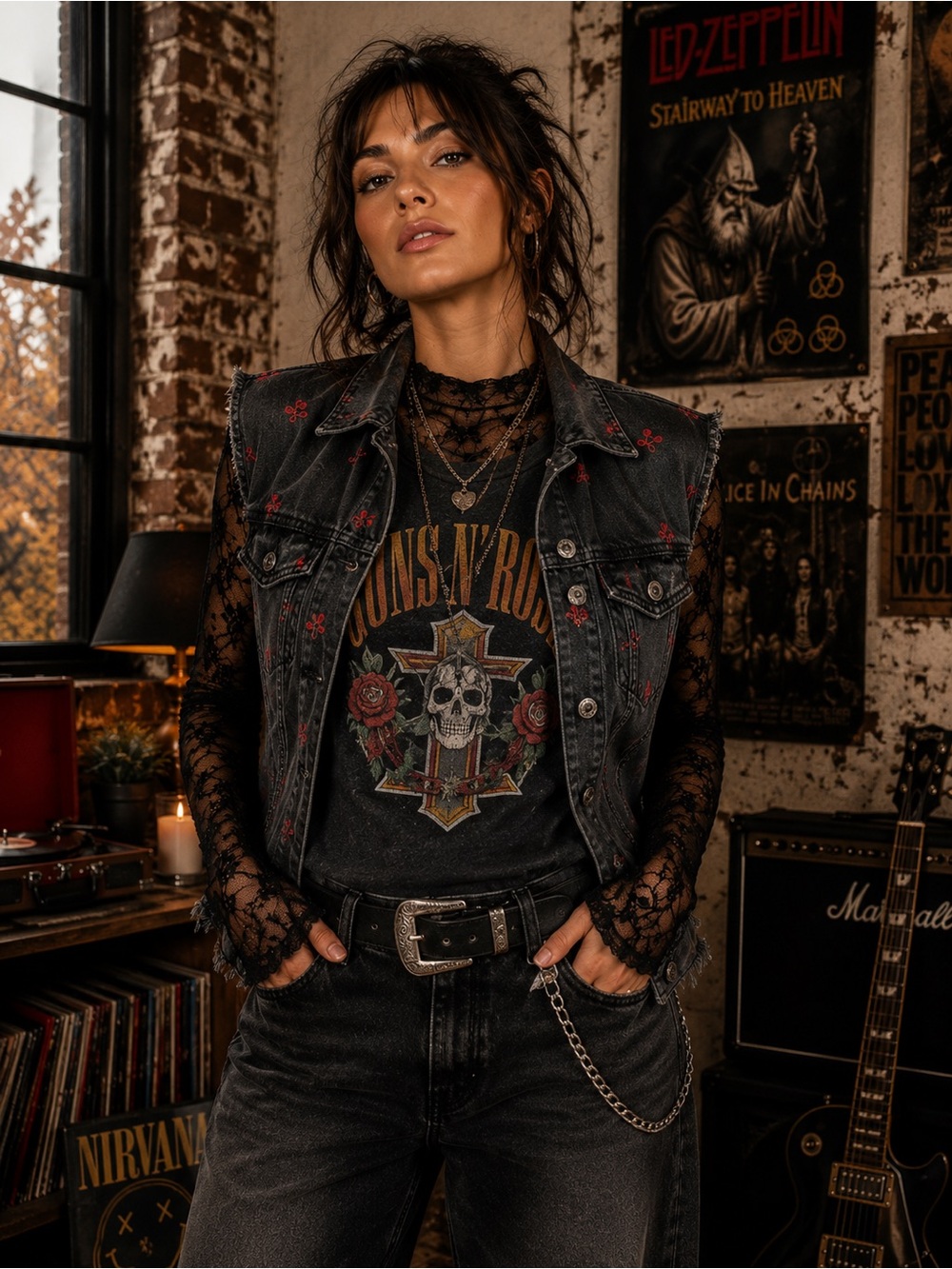 wild fable Black Distressed Denim Sleeveless Vest with Red Floral Embroidery